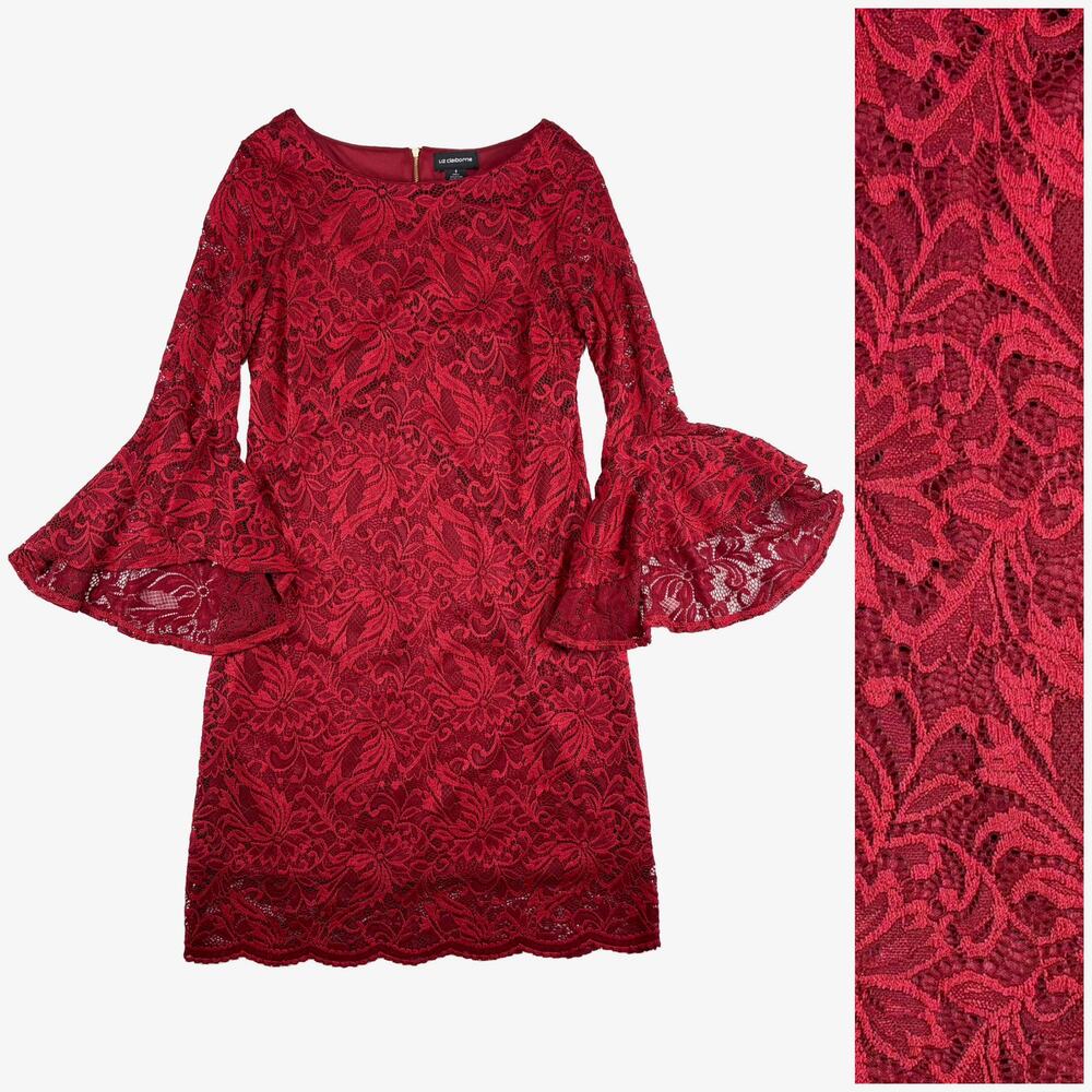 Liz Claiborne Red Lace Mini Dress Womens 8 Bell Sleeve Stretch Cocktail Party
